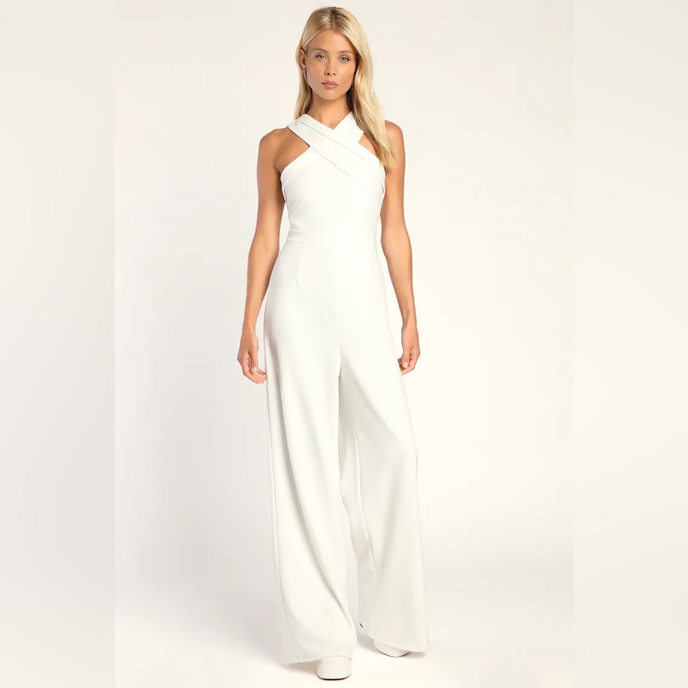 Criss-Cross Your Mind White Cross-Front Wide-Leg Jumpsuit